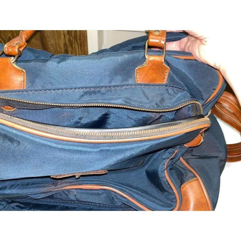 Vintage Overnight Bag canvas with leather trim navy and leather 17” x 11”
